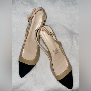 Tan and Black Slingback Heels with Cap-Toe Design